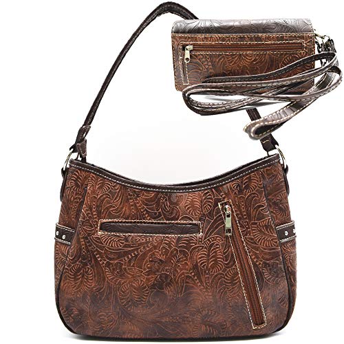 Tooled Leather Floral Laser Cut Flower Feather Purse Studs Country Western Handbag Women Shoulder Bag Trifold Wallet Set4