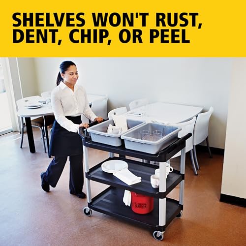 Image of Rubbermaid Commercial Products Heavy Duty 3-Shelf Rolling Service /Utility /Push Cart, 300 lbs. Capacity, Black, for Restaurant /Cleaning /Office use (FG409100BLA)