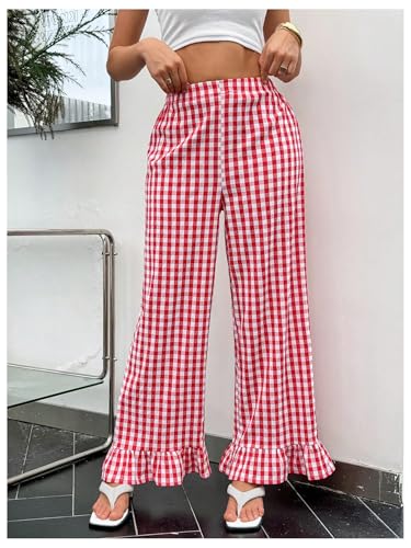 MakeMeChic Women's Y2K Gingham Wide Leg Pants Elastic Waist Ruffle Hem Loose Trousers Loungewear4