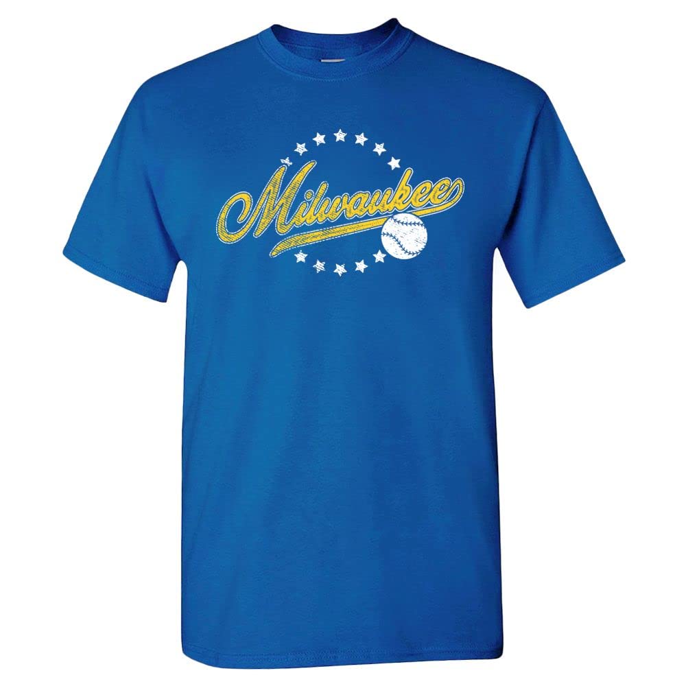 Team Vintage Style Men's T-Shirt for Baseball Fans, Milwaukee - Royal Shirt, Medium