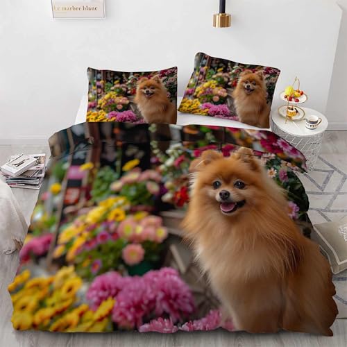 Parure de lit 90x190 animal Poméranien microfibre douce infroissable avec zip