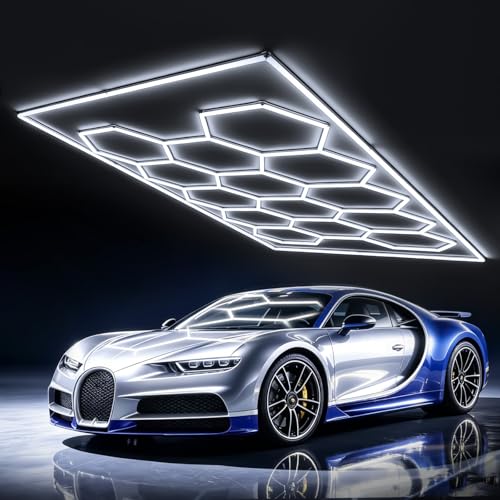 Lámpara de techo LED hexagonal - 14 Hex Iluminación de garaje, iluminación LED para taller, luces de tubo conectables blancas de 6500K para salones de autos, lavaderos, talleres, almacenes, gimnasios
