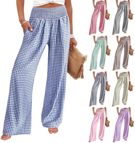 Gingham Palazzo Pants for Women Dressy Wide Leg High Waisted Plaid Pajama Pants Flowy Casual Trousers with Pockets