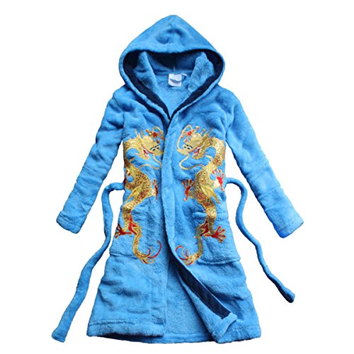 FEETOO]Chinese dragon embroidered bathrobe Boy's nightgown Coral velvetl home robe boy Collectibles (6, BLUE)
