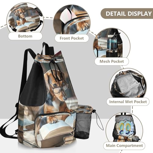 Mesh Gym Swimming Bags for Men & Women, Cute Funny Reading Dog Large Drawstring Backpack with Dry-Wet Pocket, Lightweight Gym Bag for Sports, Travel, Beach, Workout Gear4