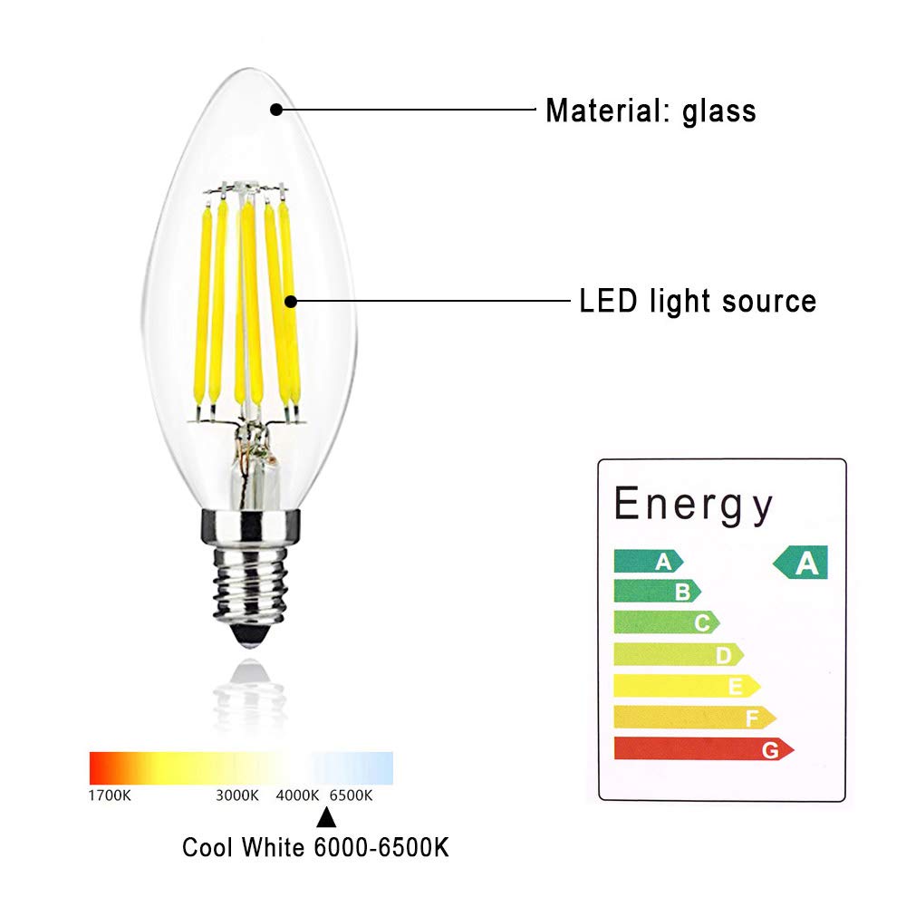 Lampadina a candela LED E14 con attacco Edison piccolo C35 da 6 W, equivalente a 60 W, luce bianca fredda 6000-6500 K, 560 lumen, lampadine a filamento per lampadari a LED E14, non dimmerabili, confe