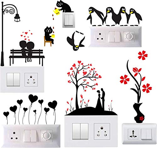 K2A Decor PVC Vinyl Switch Penal Board Wall Sticker of Cat, Flowerpot, Love Couple Heart Balloon and Penguin ( Multicolor), Pack of 6 Pics