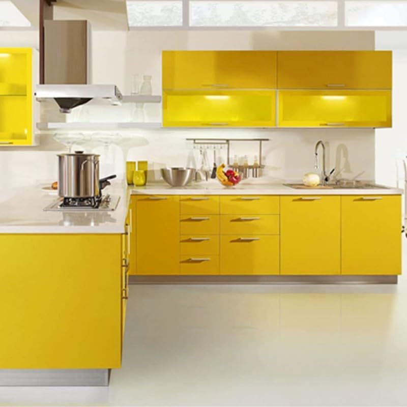 Image of WALLMATE? Yellow Glossy Wallpaper Peel & Stick Vinyl Contact Paper Self Adhesive Wallpaper for Kitchen Cabinet Furniture Countertop Removable Wallpaper (24x50 Inch)