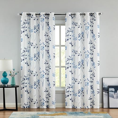 Beauoop Cortinas florales semitransparentes color azul marino para sala de estar y dormitorio, 72 pulgadas de caída, cortinas texturizadas de lino con estampado de hojas, cortinas rústicas con ojales,