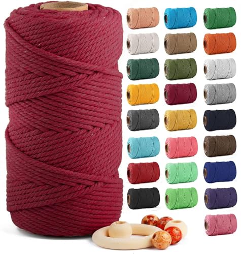 Image of ZUEXT Macrame Cord, Red Wine, 5mm x 109yds Cotton String Macrame Yarn | 100% Natural Handmade, 4 Strands Twisted Cotton Rope, For Wall Hanging Plant Hangers Gift Wrapping Tapestry DIY Crafts, 100m