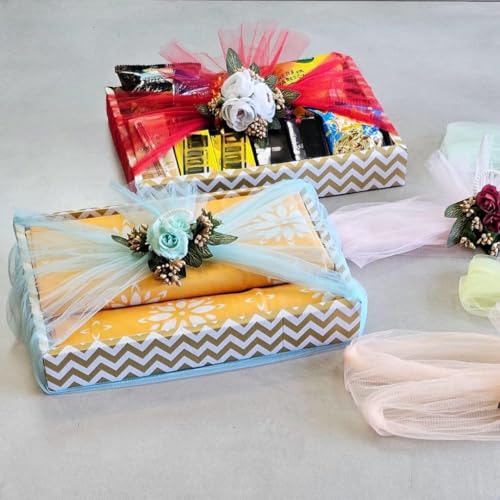 Image of SATYAM KRAFT 6 Pcs Ready-to-use Net Band with Flower Bunch - Reusable Wedding Trousseau Packing, Trolley Bag Decoration, Crafting & DIY Projects (Multicolor) (Pack of 6)