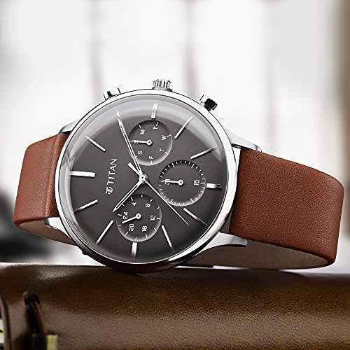 Titan Quartz Multifunction Blue Dial Leather Strap Watch for Men-NS90134SL01 - Image 6