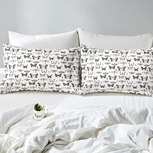 Conjunto de capa de edredom de borboleta Queen Garden preto e branco mel abelha libélula conjuntos d