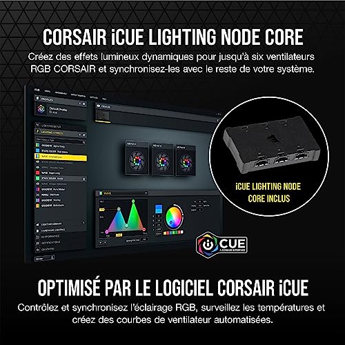 Corsair iCUE SP120 RGB ELITE Performance 120 mm Kit de Trois Ventilateurs avec iCUE Lighting Node CORE (Technologie CORSAIR AirGuide, Huit LED RGB Paramétrables, Silencieux niveau sonore 18 dBA) Noir