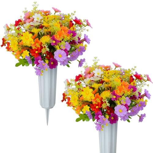 XONOR Artificial Cemetery Flowers Memorial Silk Daisy with Vase for Grave Headstone Decoration Assorted Colors Daisy for Spring Summer Decoration