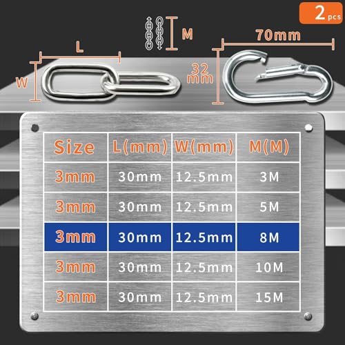 Mbsomnus Heavy Duty Galvanized Chain 8 Metre Steel 3 mm Metal Extra Strong Welded Link Lift with Carabiner Thick for Gate Padlock Fence Swing Hanging Bike Cycle - Image 2