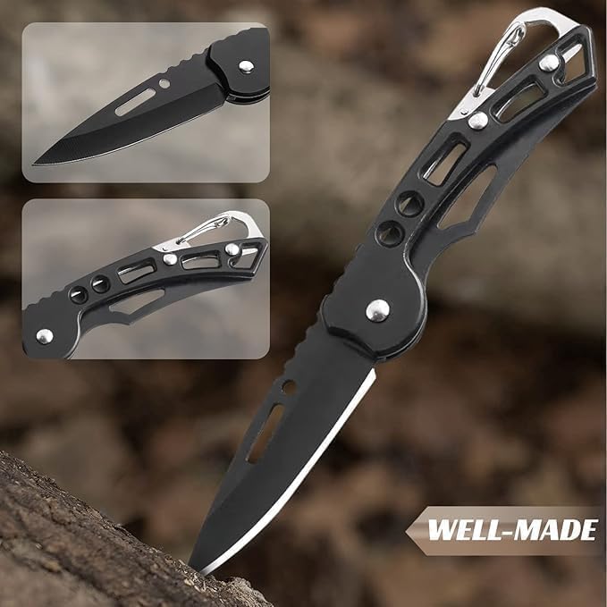 Image of Mini Folding Knife with Keychain Ring and Carbon Steel Blade, Compact Multipurpose Cutter Tool for Parcel Opening, Home Utility, Kitchen Work, Office and Outdoor Use Black
