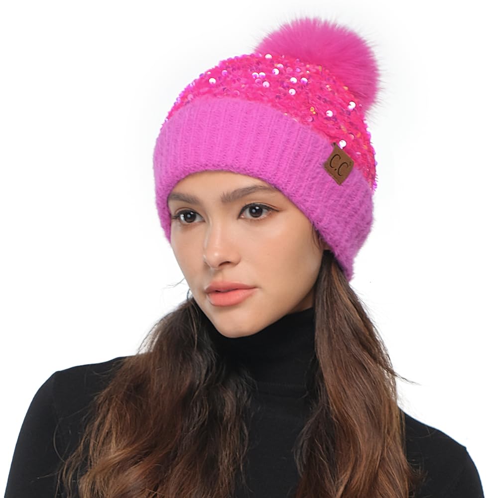 C.c Women's Sparkles-Hot Pink Sequin Pom Beanie For - Acrylic Stretchable Soft Warm Knit Winter Skully Hat With Yarn Pom, One Size