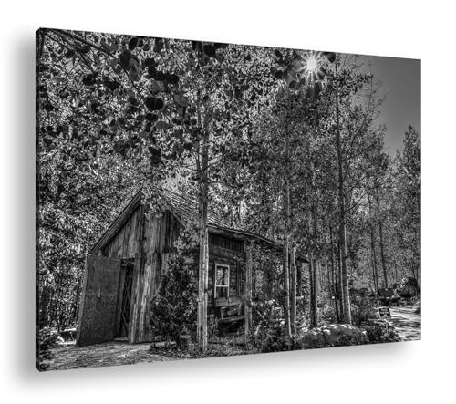 Maison en rondins sur toile deyoli 90x60 decoration murale salon noir et blanc