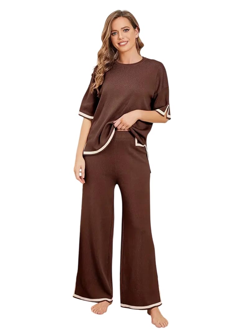 VOMIKA Women's Co-Ord Set, Short Sleeve Top and Wide Leg Trousers, Contrast Trim, Casual Loungewear-picture-23