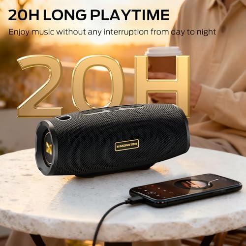 Monster S380 Bluetooth Speaker, Portable Speaker with 40W Stereo Sound, Bluetooth 6.0, 20H Playtime, IPX6 Waterproof, TWS Pairing, Support AUX/TF Card, Wireless Speaker for Outdoor Home Party - 4