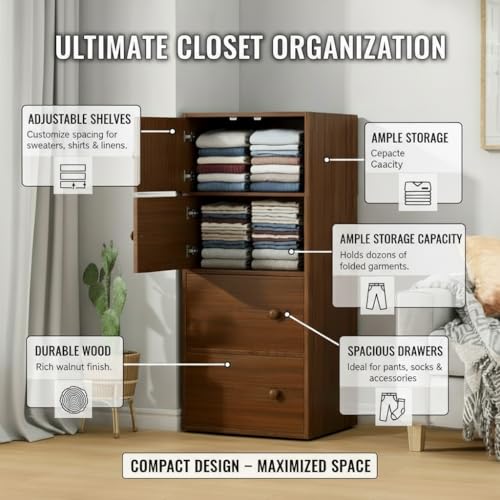 Image of EXVITO Engineered Wood Wardrobe for Bedroom | Foldable 4 - Shelf Wooden Storage Cabinet | Cupboard Almirah for Clothes | Collapsible Wardrobe | Space Saving Wooden Cabinet - WALLNUT