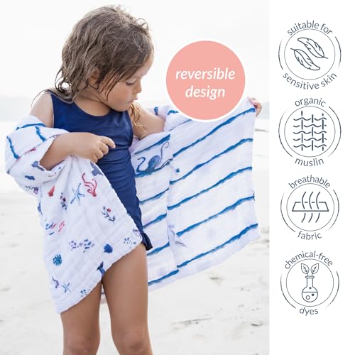 Image of Malabar Baby Organic Cotton Muslin Wearable Hooded Towel, Bath, Pool & Beach Cover-up for Size 3-4 Years - Under The Sea