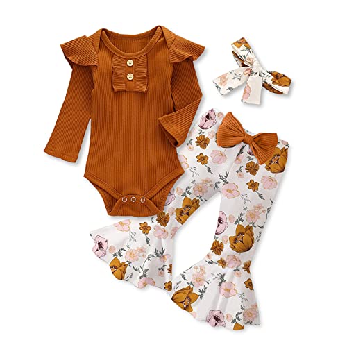 Image of Kislio Newborn Baby Girls Clothes Ribbed Ruffled Romper+Floral Pants+Headband Infant Outfit Set
