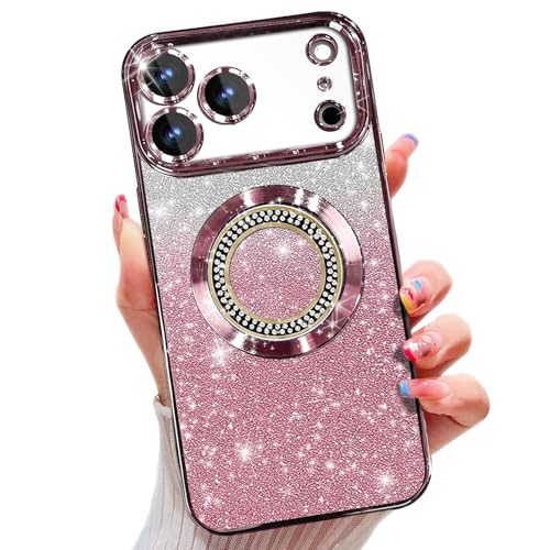 Image of Misscase for iPhone 17 Pro Magnetic Glitter Case Compatible with MagSafe,Full Protection Slim Shockproof Anti-Scratch Case with Camera Lens Protector Plating Bling Dust-Proof Net Pink