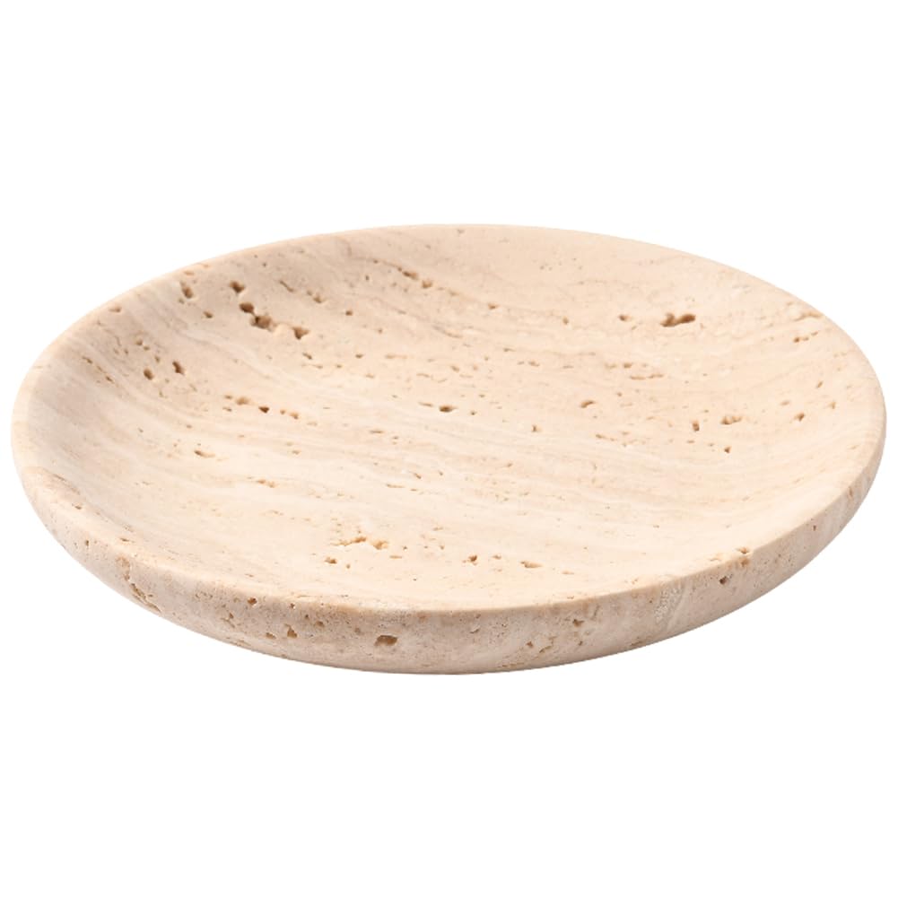 Beebeecraft Bandeja Redonda Y Plana de Mármol Travertino Natural para Guardar Joyas con Paño de Pulido para Pendientes Collares Y Decoración Del Hogar (Beige)