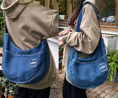 Image of Denim Hobo Halfmoon Design Roomy Large Capacity Adjustable Crossbody Shoulder Handbag Purse for Women