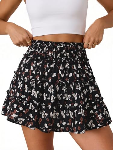 NIMIN Flowy Skorts for Woman Summer Casual Vacation Black Mini Skort Skirts 2026 Fashion Floral Tiered High Waisted Shorts Skirt L