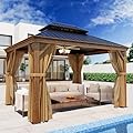 SUNBURY 10'x 12' Hardtop Gazebo, Double Roof Metal Gazebo, Outdoor Aluminum Frame Gazebos with Mosquito Netting and Privacy Screen for Patio, Backyard, Lawn, Garden, Deck, Wooden Look (Black Walnut)