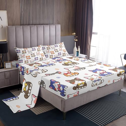 Cartoon Cat Kids Sheet Set Cute Cats Print Bed Sheets Set for Kids Decor Kawaii Kitten Sheets with Deep Pocket Fitted Sheet Best Gift for Cat Lover Blue White Bedding Set Bedroom 4Pcs Queen