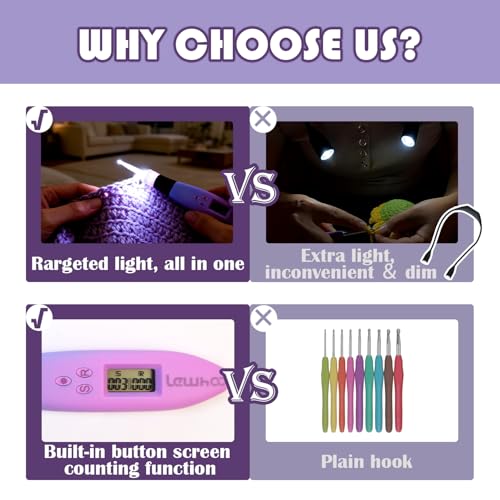 Image of Lewhoo Lighted Crochet Hooks Set, 11 Size Light up Rechargeable Crochet Needle for Fluffy Yarn with Counter 2.5-8.0mm, Ergonomic Handle with Screw Gradiant Purple Glow in Dark