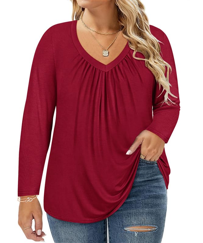 TIYOMI Womens Plus Size Tops Long Sleeve Pleated Flowy Round V Neck Tunic Dressy Casual Loose Fit T-shirts Blouses XL-5XL