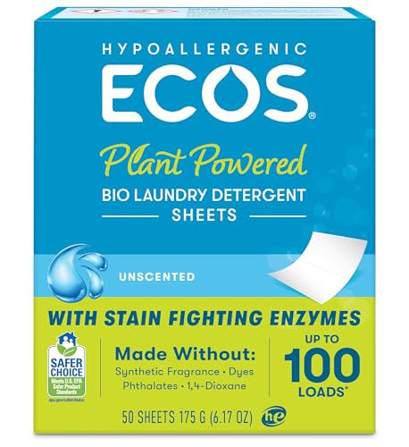 ECOS Laundry Detergent Sheets Vegan, No Plastic Jug, No Mess & Liquid Free - Laundry Sheets in Washer - Hypoallergenic, Plant Powered Laundry Detergent Sheets - Free and Clear - 50 Sheets (Pack of 1)