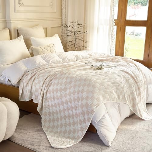 Image of SANACYNA Queen Muslin Blankets for Adults 100% Cotton 6-Layer Gauze Cream Checkered Bed Blanket Lightweight Soft Breathable Blanket for Sofa Bed Coverlet (Cream, Queen 90 inch X 90 inch)