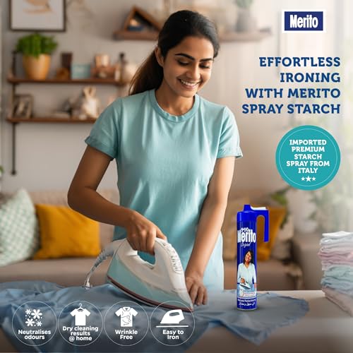 Image of Merito Original Ironing Spray Starch, Professional Crisp & Stiff Finish - Easy Ironing Glide, Wrinkle-Free Dry Cleaning Results at Home, Imported from Italy, 500ml (Pack of 1)