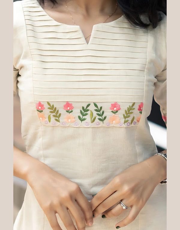 Image of eightone Women's White Cotton Straight Kurti with Floral Embroidery, Pin-Tuck Yoke, Casual Ethnic Wear