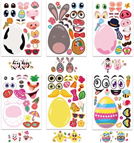 36 Pcs Easter Make A Face Animal Stickers Easter Egg Animal Face Stickers for Kids Make Your Own Stickers with Easter Bunny,Egg,Chick,Egg Shell,Sheep,Pig Easter Kids Party Favor Supplies Art Crafts