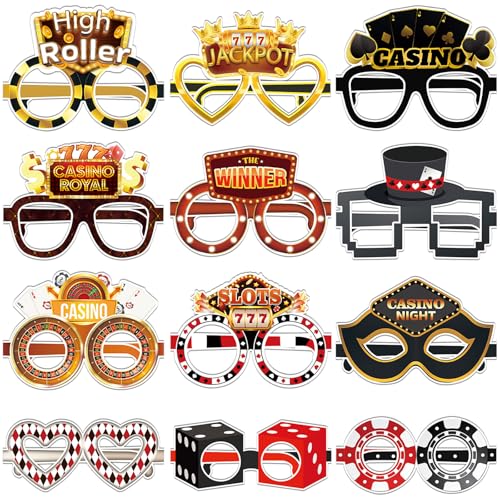 VioraWhite 48 Pcs Casino Night Paper Glasses Casino Eyeglasses Poker Dice Sign Photo Booth Props Kit Casino Party Favors Las Vegas Game Night Decorations