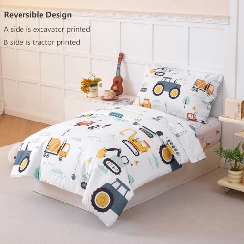 Image of PERFEMET Car Printed Toddler Comforter Set, 4 Pieces Toddler Bedding Sets for Boys, Reversible Tractors Pattern Teen Boy Bed in A Bag Comforter Set with Sheets (Tractor, Toddler)
