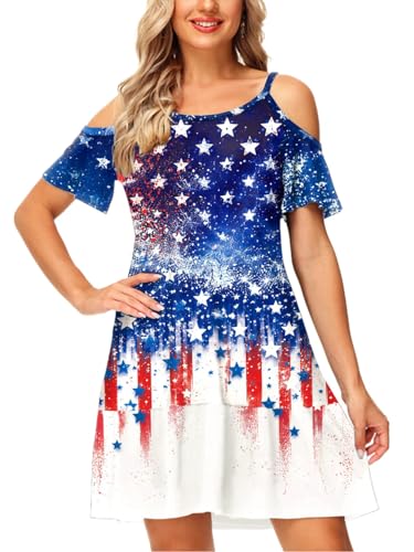 Image of Deerose Womens 4th of July Dresses Cold Shoulder American Flag Tie Dye A-Line Dress with Pockets