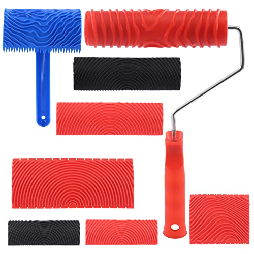 Tanstic 8Pcs Wood Graining Painting Tool Set, Red Black Blue Rubber Wood Grain Tool and Rubber Empaistic Wood Texture Pattern Roller with Handle for Wall Floor Furniture DIY Room Decoration Tanstic 8Pcs Wood Graining Painting Tool Set, Red Black Blue Rubber Wood Grain Tool and Rubber Empaistic Wood Texture Pattern Roller with Handle for Wall Floor Furniture DIY Room Decoration