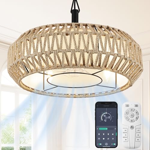 HEMLDAN Twine Caged Ceiling Fan with Fabric Shade 20" Drum Modern Coastal Natural Hand-Woven Chandelier Fan for Dining Room, Bedroom, Smart App/FCC Remote Control, Italian Design, Adjustable (Twine)