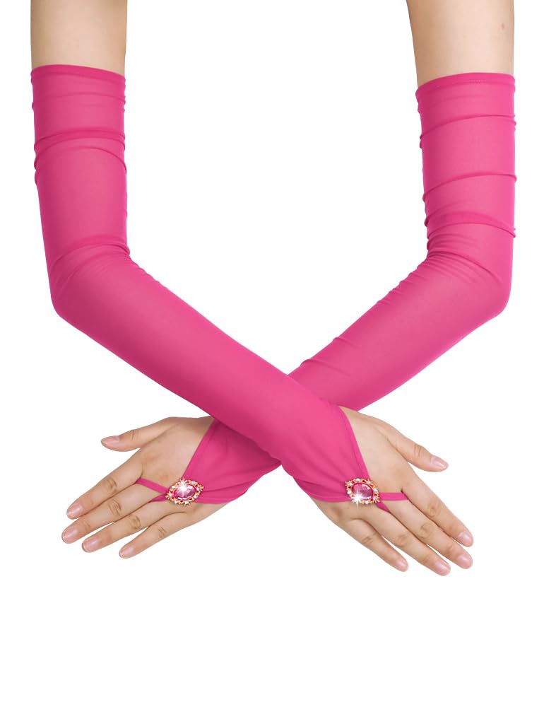 GRYUIRY Long Fingerless Tulle Mesh Gloves Wedding Bridal Sheer Gloves for Women Opera Party Cosplay Costume, fuchsia, One size