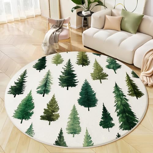 Alfombra Redonda Acuarela Pino, Alfombra Verde Resistente a Las Manchas, Alfombras Franela Plantas Frescas Naturales Antideslizante, para Salón Sofá Mesa de Café Estudio Comedor 120cm