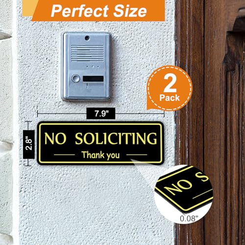 Image of MOWPOG 2 Pack No Soliciting Sign Sticker for House Front Door, Black /Gold | 7.9 inchx2.8 inch Thick Acrylic, Strong Self-Adhesive, Weatherproof & Sturdy, for Home, Office, Wall, Keep Solicitors Away