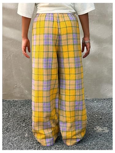 OYOANGLE Girl's Plaid Elastic Waist Pants Straight Leg Long Trousers2